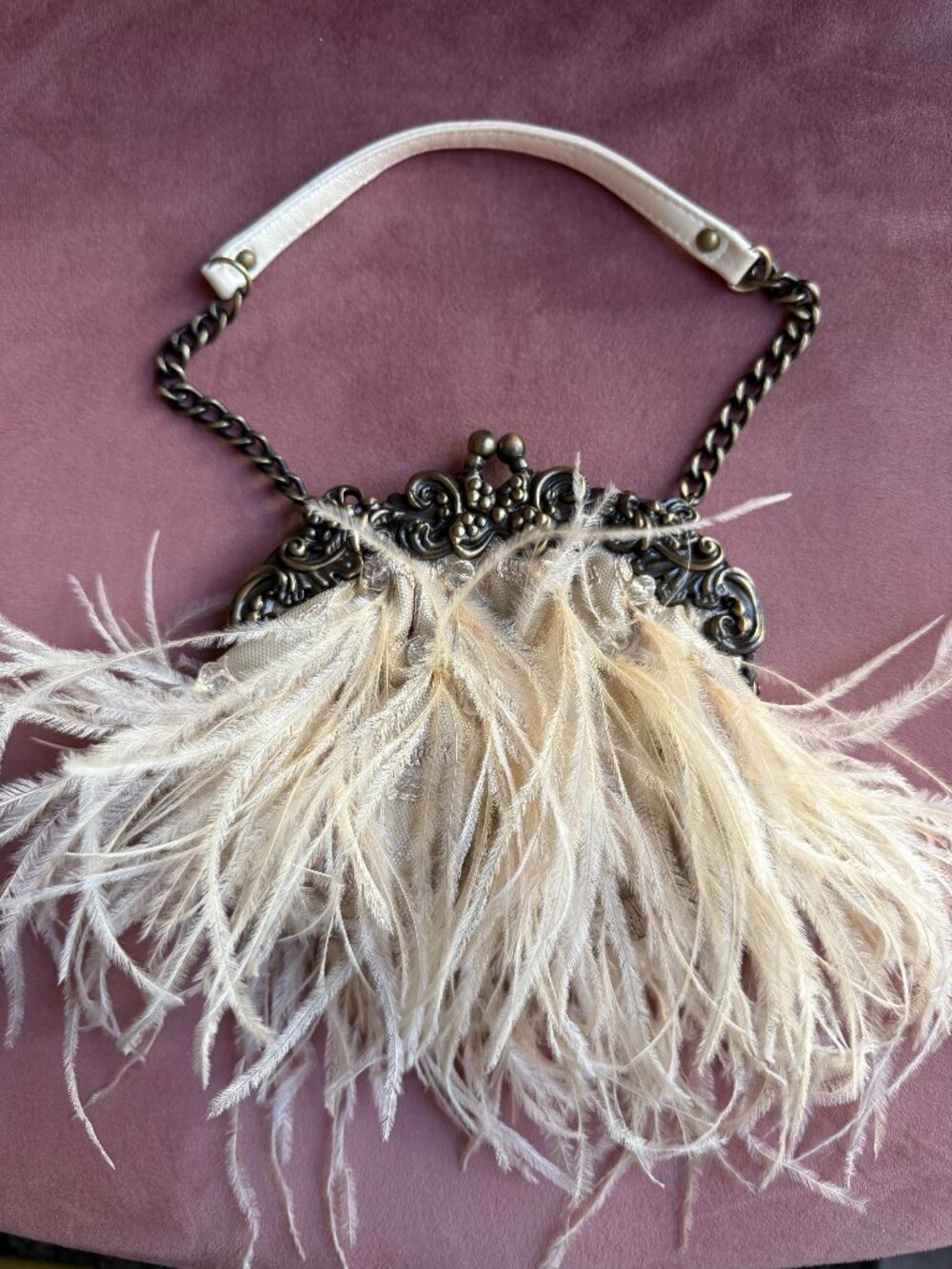 Evening bag w/ satin, feathers & crystal. Champagne tan color, vintage-inspired! - Picture 1 of 5